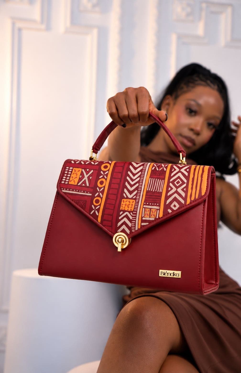 Burgundy Mudcloth Flap Bag